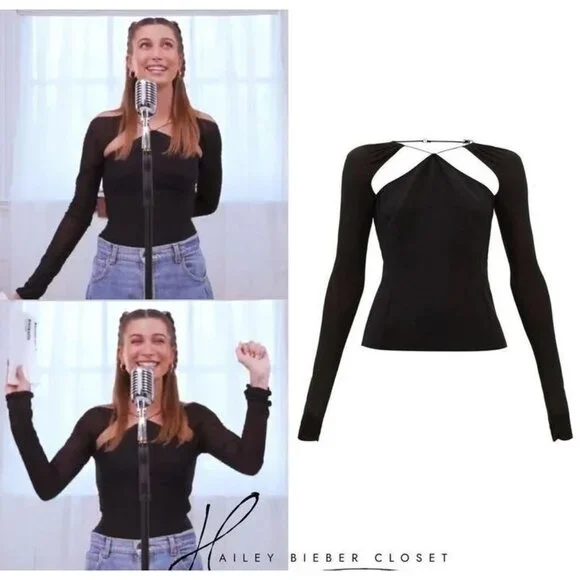 Nensi Dojaka Womens Large Black Sheer Long Sleeve Cutout Top Blouse - Picture 2 of 12